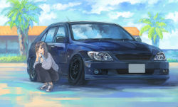 Rule 34 | 1girl, blue eyes, brown hair, car, highres, momo hiki, motor vehicle, original, squatting, sweater, toyota, toyota altezza, vehicle focus, vehicle request, watch, wristwatch