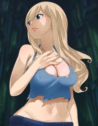 Rule 34 | 1girl, blonde hair, blue eyes, breasts, cleavage, colorized, eden&#039;s zero, gaston18, highres, large breasts, long hair, mashima hiro, midriff, navel, rebecca bluegarden, torn clothes