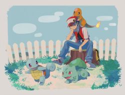 Rule 34 | 1boy, banned artist, baseball cap, black shirt, blue pants, bulbasaur, charmander, closed mouth, creatures (company), fence, fire, flame-tipped tail, game freak, gen 1 pokemon, hat, head rest, jacket, male focus, nintendo, open clothes, open jacket, outdoors, pants, pokemon, pokemon (creature), pokemon rgby, red (pokemon), red headwear, shirt, shoes, short hair, short sleeves, sitting, smile, squirtle, starter pokemon trio, tree stump, white footwear, yu (xcapriccioso)