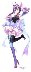Rule 34 | 1girl, alternate costume, armpits, bare shoulders, bob cut, breasts, closed mouth, dated, detached sleeves, eyeliner, fate/grand order, fate (series), full body, gloves, half-closed eyes, high heels, highres, holding, holding microphone, horns, looking at viewer, looking down, makeup, matching hair/eyes, medium breasts, microphone, oni, pink gloves, purple eyes, purple hair, shoes, short hair, shuten douji (fate), signature, simple background, skin-covered horns, taino kou, thigh strap, thighhighs, w, white background