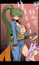 Rule 34 | 2girls, blush, breasts, cleavage, fire emblem, fire emblem: the blazing blade, florina (fire emblem), green hair, high ponytail, kara age, large breasts, letterboxed, long hair, lyn (fire emblem), multiple girls, nintendo, ponytail, purple hair, red eyes, sword, translation request, weapon