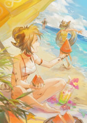 Rule 34 | 3girls, :d, alternate costume, arknights, ball, beach, beachball, bikini, bird, black one-piece swimsuit, blanket, blonde hair, brown hair, chinese commentary, choker, cloud, commentary request, crab, cup, day, demon horns, disposable cup, drink, drinking straw, food, fruit, goggles, grey hair, hair bun, highres, holding, holding food, horns, ifrit (arknights), ifrit (sunburn) (arknights), innertube, looking at another, material growth, melon, melon slice, multiple girls, ocean, official alternate costume, one-piece swimsuit, open mouth, oripathy lesion (arknights), palm tree, red choker, sand, saria (arknights), short hair, shuaigegentou, silence (arknights), single hair bun, sky, smile, swim ring, swimsuit, tree, white bikini, yellow eyes, yellow one-piece swimsuit