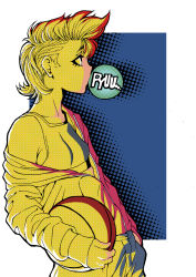 Rule 34 | 1girl, ball, basketball, basketball (object), blowing bubbles, chewing gum, cyrano (aazzss3), eyeliner, from side, halftone, highres, holding, holding ball, leaning back, looking up, makeup, mohawk, off shoulder, original, profile, short hair, sleeves past wrists, solo, sports bra, sportswear, upper body