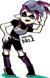 Rule 34 | 1boy, boots, commentary request, cross-laced footwear, full body, goggles, hand on own hip, inkling, inkling boy, inkling player character, lace-up boots, male focus, nana (raiupika), nintendo, purple eyes, purple hair, smug, splatoon (series), splatoon 1, tentacle hair