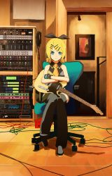 Rule 34 | 1girl, absurdres, amplifier, audio visualizer, bare shoulders, black bow, black gloves, black star (module), black thighhighs, blonde hair, blue eyes, bow, cable, chair, commentary, crossed arms, d futagosaikyou, electric guitar, fender telecaster, fingerless gloves, full body, gloves, guitar, hair bow, hair ornament, hairclip, highres, holding, holding instrument, indoors, instrument, kagamine rin, light smile, looking at viewer, office chair, painting (object), project diva (series), recording studio, shirt, short hair, sitting, sleeveless, sleeveless shirt, smile, solo, swept bangs, swivel chair, thighhighs, vocaloid, yellow neckwear