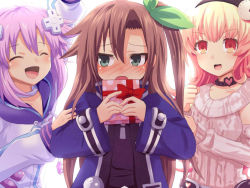 Rule 34 | 10s, 3girls, blonde hair, blush, bow, box, breasts, brown hair, candy, chocolate, chocolate heart, compa, d-pad, closed eyes, female focus, food, gift, gift box, green eyes, hair bow, hair ornament, hairband, heart, heart-shaped box, holding, holding gift, if (neptunia), koori (12230906), long hair, multiple girls, neptune (neptunia), neptune (series), open mouth, purple hair, ribbon, short hair, small breasts, smile, valentine