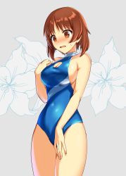 Rule 34 | 10s, 1girl, absurdres, akamoku, bad id, bad pixiv id, blue one-piece swimsuit, breasts, brown eyes, brown hair, casual one-piece swimsuit, cleavage, cleavage cutout, clothing cutout, cosplay, cowboy shot, embarrassed, floral background, girls und panzer, grey background, highres, medium breasts, nishizumi miho, one-piece swimsuit, reizei mako, reizei mako (cosplay), short hair, solo, standing, swimsuit, turtleneck
