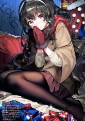 Rule 34 | 1girl, absurdres, bed sheet, blurry, blush, boots, box, brown pantyhose, christmas, christmas stocking, closed mouth, coat, condensation, depth of field, english text, fur trim, gift, gift box, glass, glass writing, gloves, hairband, highres, light particles, long hair, long sleeves, looking at viewer, miniskirt, no shoes, non-web source, on bed, original, own hands together, pantyhose, pom pom (clothes), red eyes, red gloves, red scarf, red skirt, scan, scarf, sitting, skirt, smile, solo, sparkle, very long hair, wavy hair, wide sleeves, window fog, winter clothes, yanyo (ogino atsuki), yokozuwari