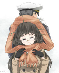 Rule 34 | 10s, 1boy, 1girl, admiral (kancolle), ajino (sakanahen), black gloves, black hair, choukai (kancolle), coat, glasses, gloves, hair ornament, hat, kantai collection, long hair, long sleeves, peaked cap, pink eyes, scarf, shared clothes, shared scarf, simple background, smile, twitter username, white background, winter clothes