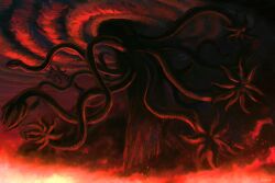 Rule 34 | anniechromes, berserk, cloud, cloudy sky, eldritch abomination, emperor ganishka, extra arms, fire, giant, giant monster, highres, monster, no humans, outdoors, ripples, scenery, shiva (berserk), sky, solo, tentacle limbs, tentacles, walking