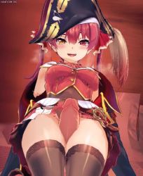 Rule 34 | 1boy, 1girl, 3d, animated, black thighhighs, blush, from below, hat, heavy breathing, heterochromia, hololive, houshou marine, koikatsu (medium), leotard, mixed eye color, penis, pirate, pirate hat, red eyes, red hair, thigh sex, thighhighs, twintails, video, virtual youtuber, wanwan, yellow eyes