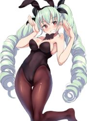 Rule 34 | 10s, 1girl, alternate costume, anchovy (girls und panzer), animal ears, bad id, bad twitter id, black bow, black bowtie, black leotard, black pantyhose, black ribbon, bow, bowtie, breasts, cleavage, commentary, cowboy shot, detached collar, drill hair, fake animal ears, girls und panzer, green hair, grin, hair ribbon, highleg, highleg leotard, leg up, leotard, long hair, looking at viewer, medium breasts, pantyhose, playboy bunny, ponytail korosuke, rabbit ears, rabbit pose, red eyes, ribbon, simple background, smile, solo, standing, standing on one leg, strapless, strapless leotard, thigh gap, twin drills, twintails, white background