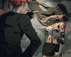 Rule 34 | 1boy, 1girl, asymmetrical bangs, bandaged arm, bandages, black jacket, blood, blood on arm, blood on face, breasts, brown hair, cleavage, earrings, facial mark, fighting, final fantasy, final fantasy vii, fingerless gloves, gloves, goggles, goggles on head, goku-chan, highres, jacket, jewelry, large breasts, long hair, low ponytail, midriff, muscular, muscular female, navel, open mouth, pointing, red eyes, red hair, reno (ff7), skirt, smoke, spiked hair, suspender skirt, suspenders, tifa lockhart, torn clothes, torn gloves, upper body