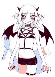Rule 34 | 1girl, absurdres, bare arms, bare shoulders, black nails, black shorts, black wings, blue eyes, blush stickers, breasts, cropped legs, demon girl, demon horns, demon wings, eds, fingernails, fins, fish tail, gawr gura, grin, hair ornament, highres, hololive, hololive english, horns, long hair, looking at viewer, multicolored hair, nail polish, navel, o-ring, shark tail, sharp fingernails, sharp teeth, short shorts, shorts, simple background, small breasts, smile, solo, tail, teeth, thick eyebrows, thigh strap, two-tone hair, virtual youtuber, white background, white hair, wings
