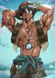 Rule 34 | 1boy, abs, absurdres, armpit hair, armpits, beard, blue background, blue sky, breast pocket, brown eyes, brown gloves, closed mouth, cloud, covered erect nipples, cowboy shot, dark-skinned male, dark skin, facial hair, gloves, goggles, goggles on head, hat, highres, jewelry, light smile, looking at viewer, male focus, multicolored hair, muscular, muscular male, necklace, nintendo, one eye covered, open clothes, open vest, paid reward available, pectorals, pocket, signature, sky, solo, streaked hair, suyohara, tauro (totk), the legend of zelda, the legend of zelda: tears of the kingdom, tied beard, vest