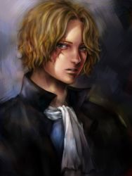 Rule 34 | 1boy, absurdres, ascot, blonde hair, collar, highres, looking at viewer, male focus, one piece, parted lips, sabo (one piece), scar, seodongwha, short hair, solo, upper body, wavy hair, white ascot