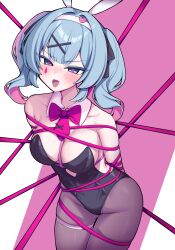 Rule 34 | 1girl, absurdres, arms behind back, bare shoulders, black leotard, black pantyhose, blue hair, bound, bound arms, bow, bowtie, breasts, cleavage, clothing cutout, collarbone, cowboy shot, detached collar, hair intakes, hair ornament, hairband, hatsune miku, highleg, highleg leotard, highres, large breasts, legs together, leotard, looking at viewer, metaljelly, pantyhose, pink background, pink pupils, rabbit hole (vocaloid), red bow, red bowtie, restrained, revision, ribbon, ribbon bondage, short hair, short twintails, sidelocks, simple background, skindentation, solo, stomach cutout, thigh strap, twintails, vocaloid, white hairband, x hair ornament