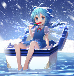 Rule 34 | 1girl, absurdres, bad id, bad pixiv id, bare legs, barefoot, blue dress, blue eyes, blue hair, cirno, dress, eating, food, highres, ice, ice wings, lo-ta, popsicle, puffy short sleeves, puffy sleeves, short dress, short sleeves, sitting, sleeveless, sleeveless dress, snowing, solo, touhou, watermelon bar, wings