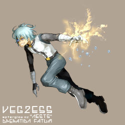 Rule 34 | 1boy, blue eyes, blue hair, gloves, glowing, glowing eyes, grin, m.u.g.e.n, male focus, matching hair/eyes, oso (toolate), simple background, smile, solo, vegzess