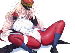 Rule 34 | 1girl, adjusting clothes, adjusting headwear, anger vein, angry, black footwear, blonde hair, blue eyes, blush, breasts, commentary request, drill hair, epaulettes, fingernails, hat, highres, large breasts, leotard, long hair, mixed-language commentary, original, pantyhose, personification, red pantyhose, ryuu tou, simple background, skin tight, solo, spread legs, thigh strap, very long hair, white background, white pantyhose