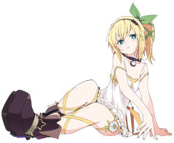 Rule 34 | 1girl, bare shoulders, black choker, black hairband, blonde hair, boots, brown footwear, choker, closed mouth, edna (tales), full body, green eyes, green hairband, hairband, ixy, looking at viewer, off shoulder, short hair, side ponytail, simple background, sitting, solo, tales of (series), tales of zestiria, white background