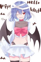 Rule 34 | 1girl, alternate costume, arms behind back, asymmetrical sleeves, bandages, bat (animal), bat wings, black thighhighs, bow, breasts, choker, collarbone, commentary request, cowboy shot, english text, engrish text, hair between eyes, halloween, highres, long sleeves, looking to the side, miniskirt, mirokudays, navel, one eye closed, parted lips, pink bow, pink choker, puffy short sleeves, puffy sleeves, purple hair, ranguage, red eyes, remilia scarlet, see-through, short hair, short sleeves, simple background, skirt, small breasts, smile, solo, standing, thighhighs, touhou, uneven sleeves, white background, white skirt, wide sleeves, wings, zettai ryouiki