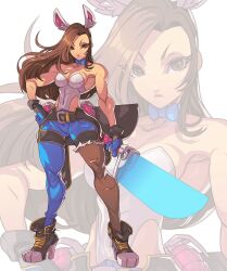 Rule 34 | 1girl, animal ears, armpits, bare shoulders, belt, breasts, brown eyes, brown hair, buckle, curly hair, denim, edwin huang, fake animal ears, full body, gloves, hand on own hip, heels, highres, holding, holding weapon, huge weapon, jeans, large breasts, leotard, lips, long hair, muscular, original, pants, pantyhose, playboy bunny, rabbit ears, serious, shoes, sneakers, sword, torn clothes, torn legwear, weapon