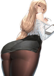 Rule 34 | 1girl, absurdres, alternate costume, ass, ass focus, azur lane, black pantyhose, blonde hair, breasts, clipboard, eyebrows hidden by hair, glasses, hair between eyes, highres, holding, holding clipboard, implacable (azur lane), implacable (shepherd of the &quot;lost&quot;) (azur lane), large breasts, long hair, looking at viewer, looking back, off-shoulder shirt, off shoulder, orange eyes, pantyhose, pencil skirt, ponytail, semi-rimless eyewear, shirt, shuiruoqing, side slit, simple background, skirt, thighs, white background