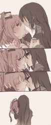 Rule 34 | 2girls, 4koma, anchor, belt, blush, breast pocket, closed eyes, coat, comic, commentary, dress, eye contact, gloves, grabbing another&#039;s chin, hair between eyes, hair ornament, hair over shoulder, half-closed eyes, hand on another&#039;s cheek, hand on another&#039;s chin, hand on another&#039;s face, hand on another&#039;s shoulder, hands on another&#039;s shoulders, highres, implied kiss, kantai collection, long hair, looking at another, machinery, monochrome, multiple girls, nagato (kancolle), nami nami (belphegor-5812), neckerchief, no headgear, one side up, parted lips, partially fingerless gloves, pocket, ponytail, remodel (kantai collection), saratoga (kancolle), sidelocks, simple background, smile, smokestack hair ornament, upper body, white background, yuri