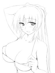 Rule 34 | 1girl, absurdres, arm behind head, arm up, bikini, bikini pull, blush, breasts, clothes pull, covered erect nipples, flashing, greyscale, highres, kousaka tamaki, large breasts, lineart, long hair, looking at viewer, micro bikini, monochrome, naughty face, nipple slip, nipples, open mouth, pulling own clothes, skindentation, smile, solo, swimsuit, to heart, to heart (series), to heart 2, upper body, zekkyon