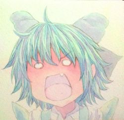 Rule 34 | 1girl, acrylic paint (medium), ahoge, blue hair, bow, cirno, fang, graphite (medium), hair bow, ice, ice wings, no pupils, open mouth, painting (medium), portrait, short hair, shouting, solo, touhou, traditional media, watercolor (medium), wings, yuyu (00365676)