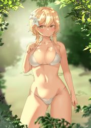 Rule 34 | 1girl, :o, arm at side, bikini, blonde hair, blush, branch, breasts, clyde s, collarbone, flower, genshin impact, gluteal fold, hair flower, hair ornament, hand up, highres, leaf, lumine (genshin impact), navel, parted lips, revision, short hair with long locks, solo, stomach, string bikini, swimsuit, white bikini, white flower, yellow eyes