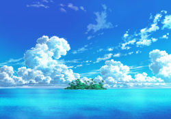 Rule 34 | blue sky, blue theme, cloud, cloudy sky, commentary request, day, forest, highres, horizon, island, nature, no humans, ocean, outdoors, palm tree, sakanamodoki, scenery, sky, tree, water surface