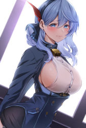 Rule 34 | 1girl, ako (blue archive), bell, belt collar, black skirt, blue archive, blue coat, blue eyes, blue hair, blush, breasts, buttons, closed mouth, coat, collar, double-breasted, dutch angle, earrings, from side, garter straps, hair between eyes, hair ribbon, highres, jewelry, large breasts, long sleeves, looking at viewer, medium hair, miniskirt, neck bell, raised eyebrows, ribbon, shirt, sideboob, skirt, sleeveless, sleeveless shirt, smile, solo, stud earrings, taut clothes, taut shirt, white shirt, yoshimoto (carpsukidayo)