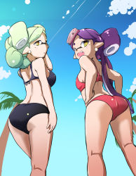 Rule 34 | 2girls, ass, back, bikini, black bikini, blue sky, brown eyes, callie (splatoon), cloud, cloudy sky, commentary, contrail k, day, earrings, from behind, grey hair, hand in own hair, hands on own hips, highres, inkling, jewelry, kneepits, long hair, looking at viewer, looking back, marie (splatoon), mask, medium hair, multiple girls, nintendo, open mouth, outdoors, palm tree, parted lips, pointy ears, purple hair, red bikini, sky, smile, standing, swimsuit, toraneko555, tree, very long hair, yellow eyes