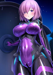Rule 34 | 1girl, blush, bodysuit, breasts, censored, covered erect nipples, covered navel, fate/grand order, fate (series), fortified suit, hair over one eye, holding, holding shield, iro ame (amewaagada), large breasts, latex, latex bodysuit, looking at viewer, mash kyrielight, open mouth, outdoors, purple bodysuit, purple eyes, purple hair, shield, shiny clothes, short hair, solo