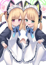 Rule 34 | 2girls, animal ear headphones, animal ears, apron, black dress, blonde hair, blue archive, blush, closed mouth, dress, fake animal ears, frilled apron, frilled dress, frills, green eyes, green halo, halo, headphones, heart, highres, long sleeves, looking at viewer, maid, maid apron, maid headdress, midori (blue archive), midori (maid) (blue archive), momoi (blue archive), momoi (maid) (blue archive), multiple girls, official alternate costume, open mouth, osmium-76, panties, panties under pantyhose, pantyhose, pink halo, polka dot, polka dot panties, red eyes, short hair, siblings, simple background, sisters, smile, spoken heart, twins, underwear, white apron, white background, white pantyhose