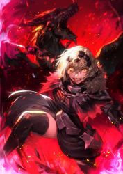 Rule 34 | 1girl, armor, armored dress, blonde hair, blood, blood from mouth, blood on face, cape, dragon, dutch angle, epic, fate/grand order, fate (series), hair between eyes, headpiece, highres, jeanne d&#039;arc (fate), jeanne d&#039;arc alter (avenger) (fate), jeanne d&#039;arc alter (fate), looking at viewer, peperon (peperou), short hair, smile, solo, sword, thighhighs, thighs, torn cape, torn clothes, weapon, yellow eyes