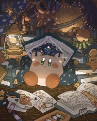 Rule 34 | :o, apple, arms up, blue eyes, blush, blush stickers, book, book stack, bookmark, bookshelf, child&#039;s drawing, commentary request, crayon, drawing, food, fruit, harukui, highres, holding, holding book, indoors, ink bottle, kerosene lamp, kirby, kirby (series), looking at viewer, nintendo, no humans, open book, open mouth, paper, pen, pillow, pop star, sitting, solo, star (symbol), tassel, telescope