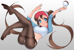 Rule 34 | 1girl, absurdres, blue eyes, breasts, bright pupils, brown hair, brown pantyhose, commentary, creatures (company), crotch seam, double bun, full body, game freak, gradient background, graynacht, hair bun, highres, long hair, looking up, midriff, navel, nintendo, no shoes, panties, panties under pantyhose, pantyhose, poke ball, poke ball (basic), pokemon, pokemon bw2, rosa (pokemon), shirt, solo, twintails, underwear, visor cap, watch, white pupils, wristwatch