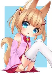 Rule 34 | 1girl, animal ear fluff, animal ears, bad id, bad pixiv id, bell, blue eyes, blush, child, commentary request, detached sleeves, fang, fox ears, fox girl, fox tail, hair bell, hair ornament, hair ribbon, jingle bell, kemomimi oukoku kokuei housou, light brown hair, long sleeves, looking at viewer, mikoko (kemomimi oukoku kokuei housou), panties, parted lips, pleated skirt, red ribbon, red skirt, reo (re2kn), ribbon, ribbon-trimmed legwear, ribbon trim, sitting, skirt, solo, tail, thighhighs, twintails, underwear, virtual youtuber, white panties, white thighhighs, wide sleeves