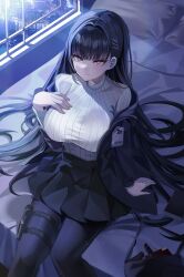Rule 34 | 1girl, absurdres, arm up, bed sheet, black hair, black jacket, black pantyhose, black skirt, blazer, blue archive, blush, breasts, bright pupils, feet out of frame, hand on own chest, highres, holster, id card, indoors, jacket, large breasts, long hair, looking at viewer, on bed, pantyhose, pillow, pleated skirt, red eyes, rio (blue archive), sitting, skirt, solo, sweater, thigh holster, very long hair, white pupils, white sweater, wiwjzga