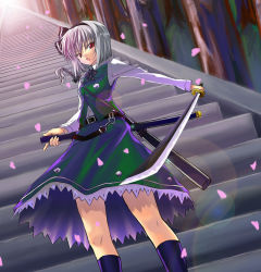 Rule 34 | 1girl, bob cut, cherry blossoms, female focus, from below, hairband, katana, konpaku youmu, legs, nature, outdoors, perspective, petals, plant, red eyes, serious, sheath, short hair, skirt, solo, stairs, sword, touhou, tsujigiri, weapon, white hair, your journey ends here
