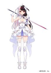 Rule 34 | 1girl, arm up, armor, armored boots, belt, black hair, blush, boots, braid, breasts, cleavage, closed mouth, company name, copyright notice, detached collar, dot nose, dress, earrings, full body, gloves, hairband, highres, holding, holding sword, holding weapon, jewelry, long hair, looking at viewer, medium breasts, multicolored hair, natsuiro xx, nijisanji, official art, over shoulder, red eyes, shoulder armor, simple background, smile, solo, strapless, strapless dress, streaked hair, sword, tachi-e, thigh strap, thighhighs, two side up, virtual youtuber, weapon, weapon over shoulder, white background, white dress, white gloves, white hair, white thighhighs, yorumi rena, yorumi rena (8th costume)