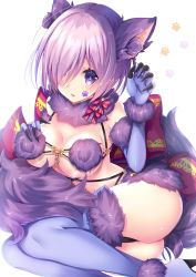 Rule 34 | 1girl, animal ears, bare shoulders, blush, breasts, cleavage, elbow gloves, fate/grand order, fate (series), fur-trimmed gloves, fur-trimmed legwear, fur collar, fur trim, gloves, hair over one eye, halloween costume, highres, ko yu, large breasts, light purple hair, looking at viewer, mash kyrielight, mash kyrielight (dangerous beast), o-ring, official alternate costume, purple eyes, purple gloves, purple thighhighs, revealing clothes, short hair, tail, thighhighs, wolf ears, wolf tail