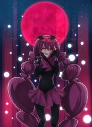 Rule 34 | 10s, 1girl, bad end happy, bad end precure, bat wings, black bodysuit, bodysuit, dress, female focus, fingerless gloves, full moon, gloves, gradient background, hands on own face, highres, long hair, moon, open mouth, outdoors, pink eyes, pink hair, precure, red moon, sky, smile, smile precure!, solo, twintails, wings, yandere trance, yuki (nanao yuki)