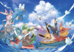 bird blue_eyes character_print cloud commentary_request creatures_(company) day eevee espeon flareon flying game_freak gen_1_pokemon gen_2_pokemon gen_3_pokemon gen_4_pokemon gen_6_pokemon glaceon highres innertube jolteon kikuyoshi_(tracco) lapras leafeon nintendo no_humans open_mouth outdoors pokemon pokemon_(creature) prehensile_ribbon signature sky swim_ring sylveon umbreon vaporeon wailmer water wingull