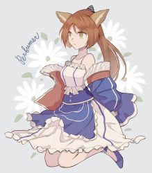 Rule 34 | 1girl, animal ears, arknights, bare shoulders, brown hair, character name, commentary, dress, highres, jacket, long hair, off shoulder, parted lips, perfumer (arknights), ponytail, sleeveless, sleeveless dress, solo, spaghetti strap, vhdtyzusixc7fai, white dress