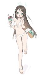 Rule 34 | 1girl, airi (blue archive), alternate costume, bare arms, bare legs, bare shoulders, bikini, blue archive, blush, breasts, brown hair, collarbone, female focus, food, food-themed hair ornament, frilled bikini, frills, front-tie top, full body, green eyes, hair ornament, halo, highres, holding food, holding ice cream, ice cream, ice cream cone, leg up, long hair, looking at viewer, navel, nemo (leafnight), open mouth, sandals, simple background, small breasts, solo, standing, standing on one leg, string bikini, swimsuit, very long hair, white background, white bikini