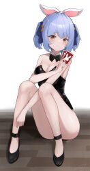 Rule 34 | 1girl, absurdres, alternate costume, animal ears, black bow, black bowtie, black footwear, black leotard, blue hair, blue ribbon, bow, bowtie, breasts, card, cleavage, closed mouth, commentary, dated, detached collar, facing viewer, gmi (jimmyovob), hair ribbon, high heels, highres, holding, holding card, hololive, knees up, latex, latex leotard, leotard, looking down, orange eyes, playboy bunny, rabbit ears, ribbon, short hair, signature, sitting, small breasts, solo, strapless, strapless leotard, thick eyebrows, traditional bowtie, two side up, usada pekora, virtual youtuber